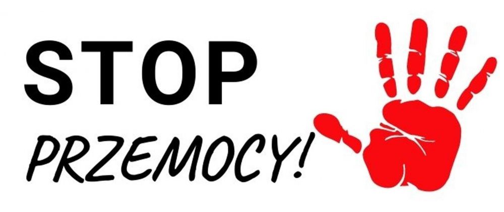 napis stop przemocy, czerwona dłoń na&nbsp;białym tle