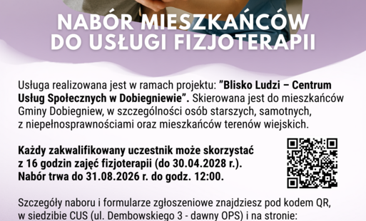 Zdjęcie do Ruszył nab&oacute;r dorosłych mieszkańc&oacute;w Gminy Dobiegniew do bezpłatnych usług fizjoterapii, realizowanych w ramach projektu &bdquo;Blisko Ludzi&rdquo;
